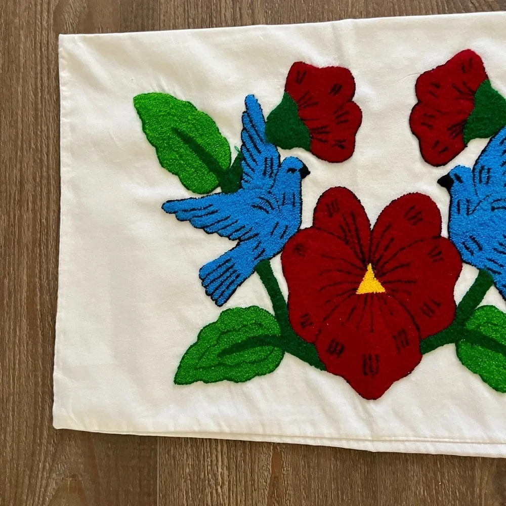 Embroidered Pillow with Birds and Flowers 17/26 inches